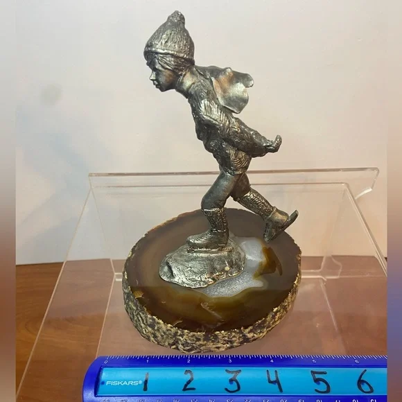 Bronze Figure, Young Boy Skating on a Lake of Banded Agate, Signed/Dated